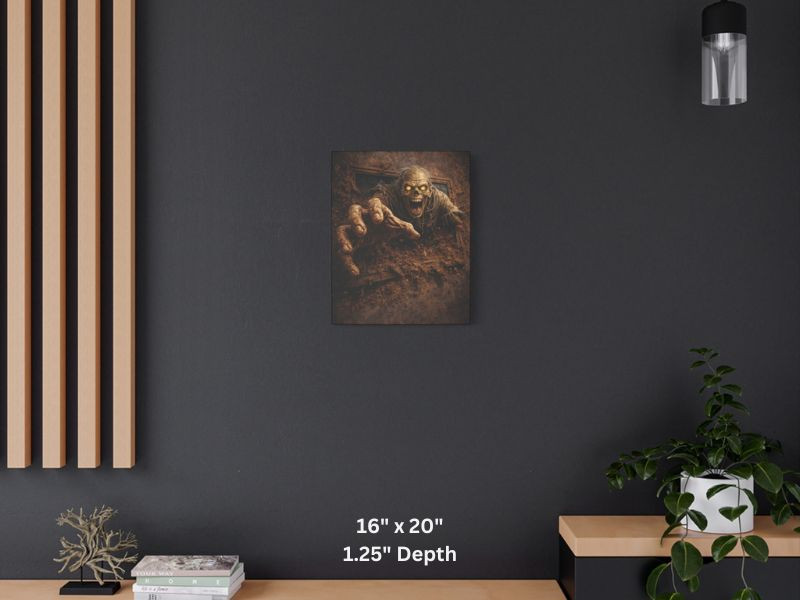 Horror zombie wall art canvas staged in interior space highlighting bold cinematic Halloween decor style