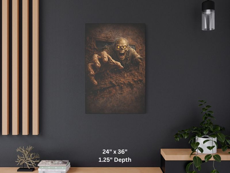 Full view of zombie breakout canvas print showing textured cracks, debris, and forward reaching undead figure on a wall