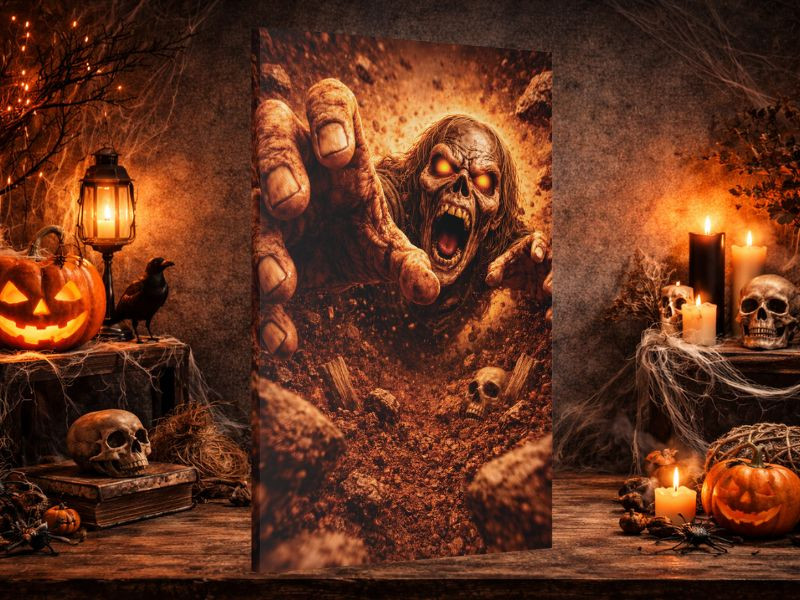 a room of Halloween decor with a picture of a zombie emerging from the ground hanging on the wall