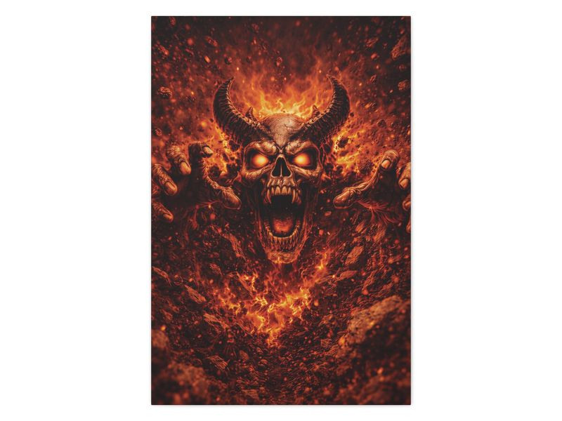 high detail demon skull canvas print with fire and depth illusion