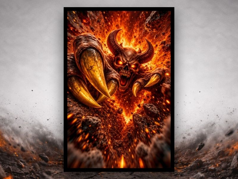 3D flaming demon skull breakout canvas wall art with fire effects