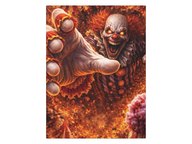 SMOLDER clown wall art with burning figure emerging forward
