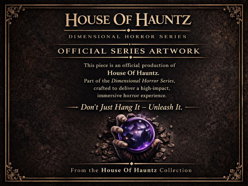 Official series artwork for House of Hauntz Dimensional Horror Series. A clawed hand holds a purple orb reflecting a horror scene. The text reads 'Don't Just Hang It - Unleash It.'