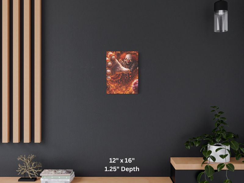 demonic clown canvas artwork lunging forward from flames