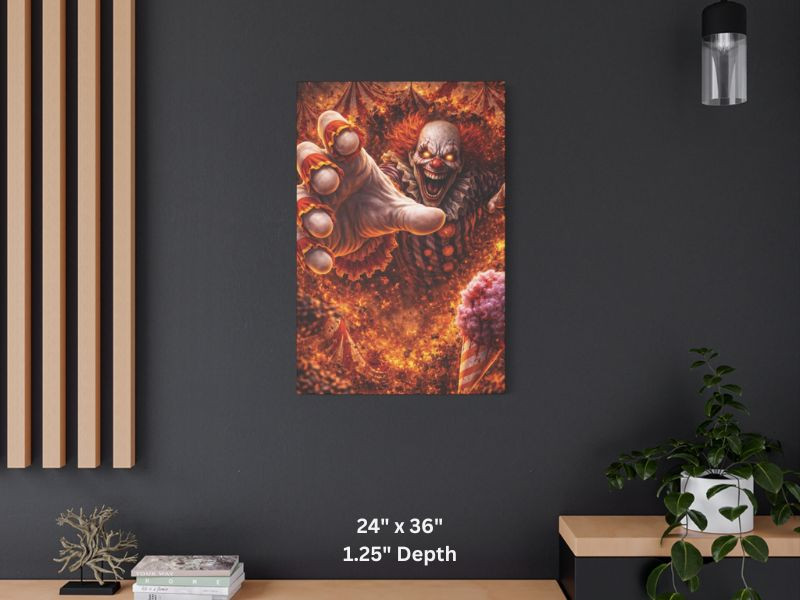 high detail clown horror canvas print with fiery background