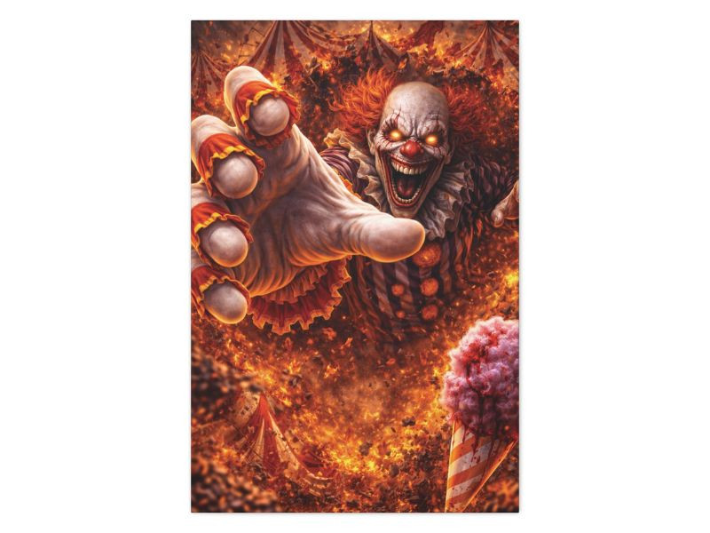 gothic horror clown wall art with intense fire detail