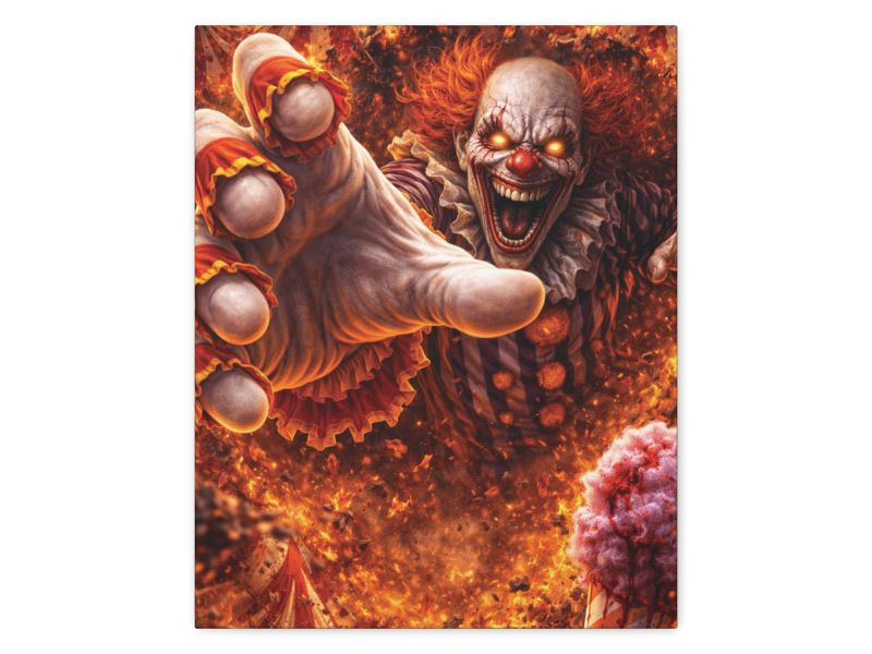 Halloween clown wall art with fiery breakout canvas design