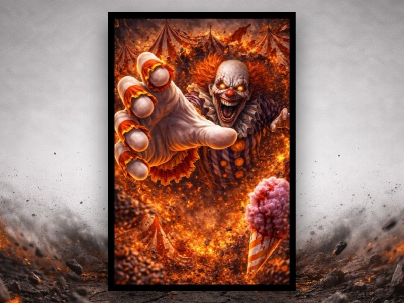 3D demonic clown breakout canvas with fiery horror design