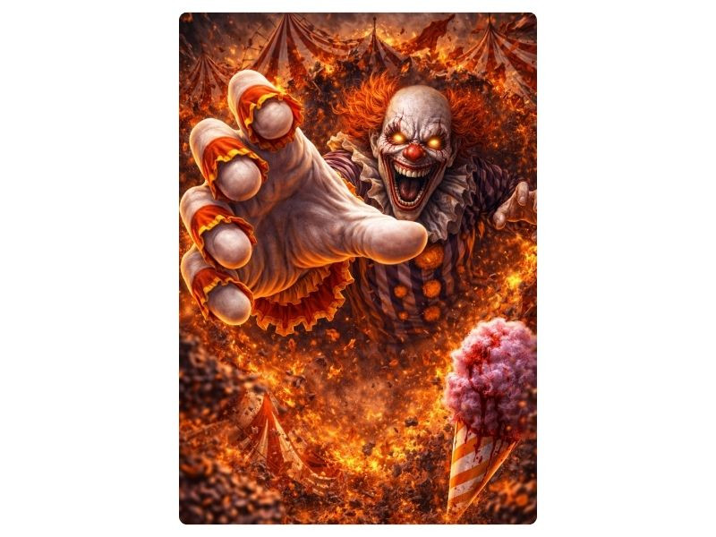 SMOLDER clown wall art with burning figure emerging forward