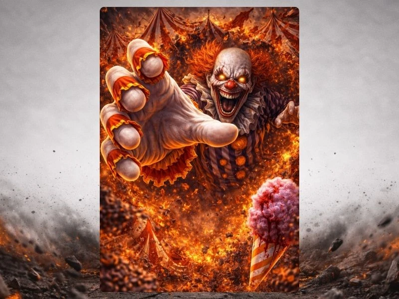 3D demonic clown breakout canvas with fiery horror design