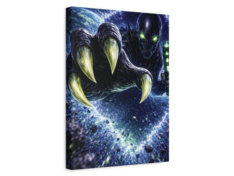 alien creature wall art emerging from portal canvas print
