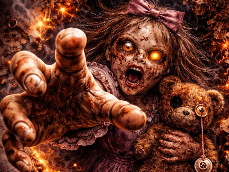 creepy haunted doll canvas with shattered face and 3D breakout illusion