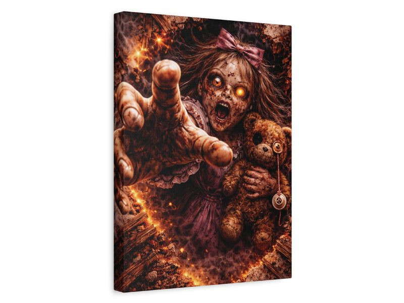 horror doll wall art breaking through surface canvas print