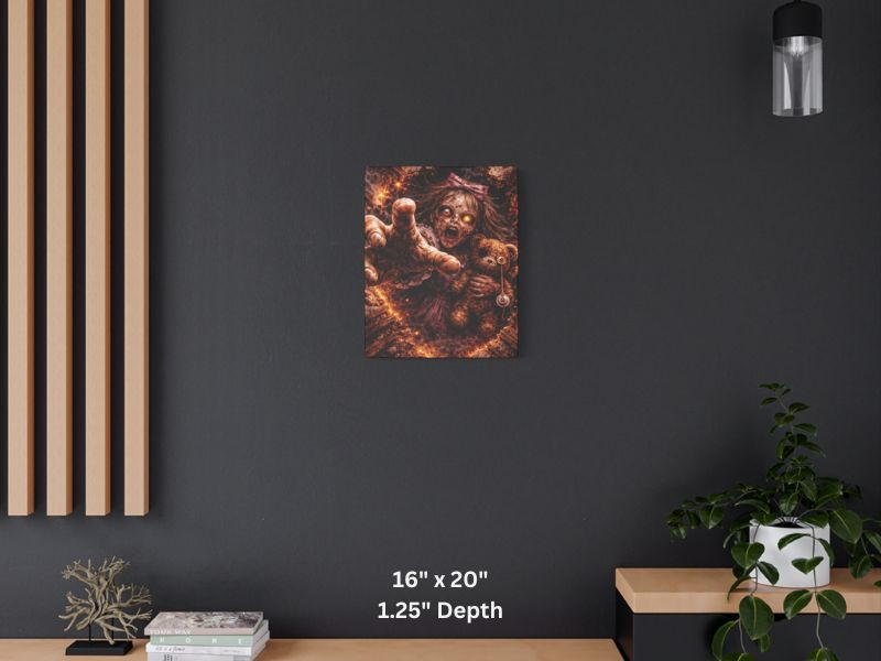 scary doll wall art with fragments flying forward