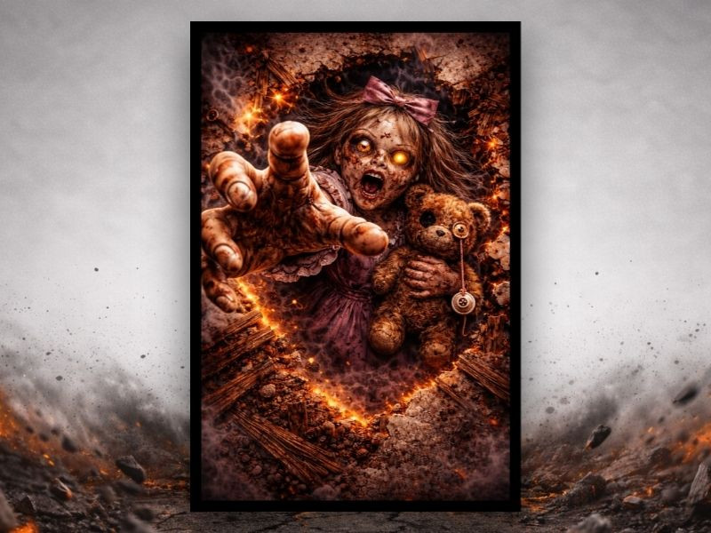 3D haunted doll breakout canvas wall art with cracked porcelain effect