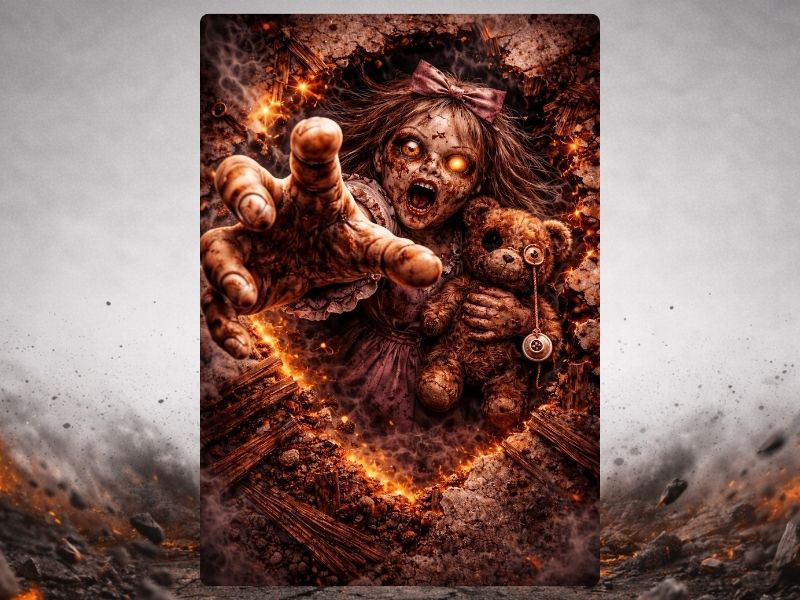 3D haunted doll breakout canvas wall art with cracked porcelain effect