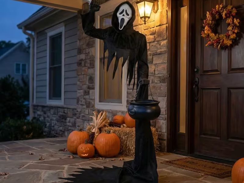 ghost face 6 ft halloween decoration with cauldron and knife