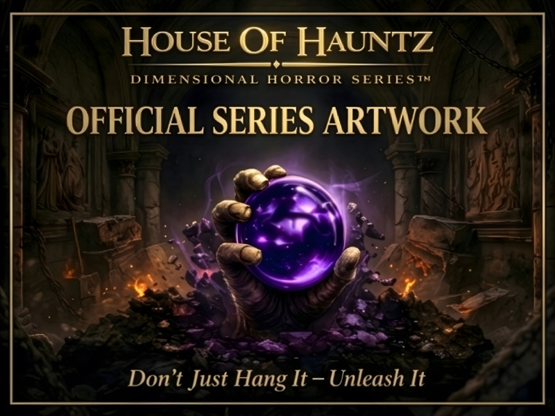 Official series artwork for House of Hauntz Dimensional Horror Series, featuring a hand holding a glowing purple orb with a scene inside, surrounded by rubble. Text reads "Don't Just Hang It - Unleash It."