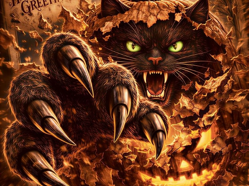 vintage halloween postcard style black cat claw canvas artwork