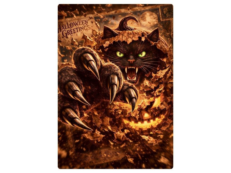 3d illusion black cat halloween wall decor with glowing pumpkin