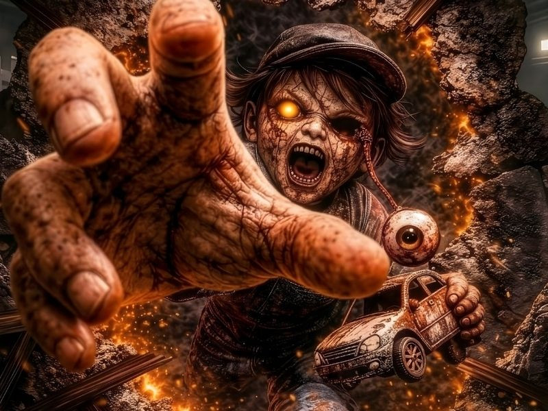 Playbreach horror canvas breakout scene with fire debris and haunted child