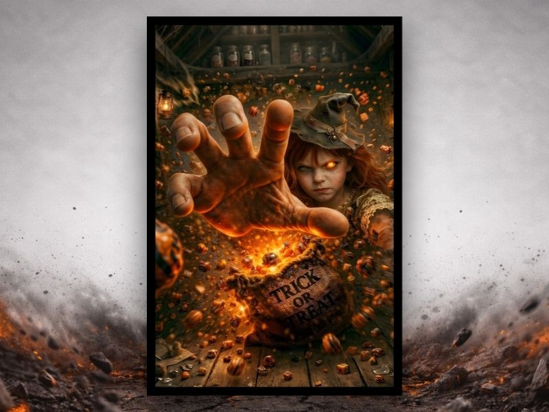 halloween witch girl 3d illusion canvas with candy explosion wall art