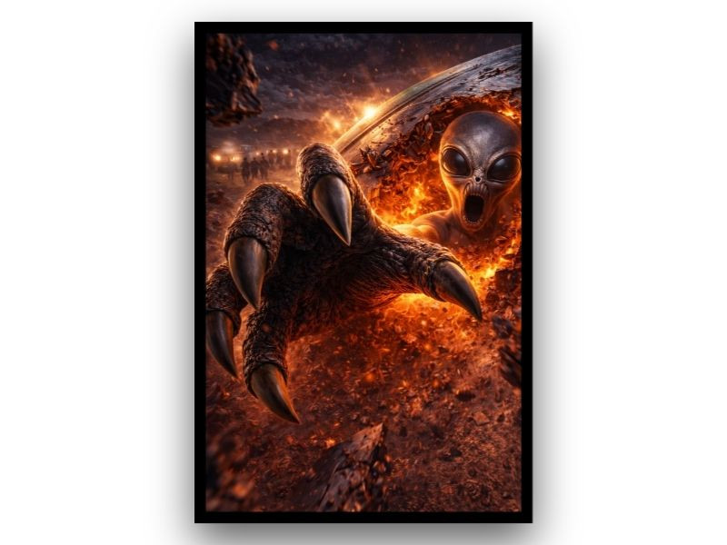 ufo crash alien breakout wall art with explosion and fire effects