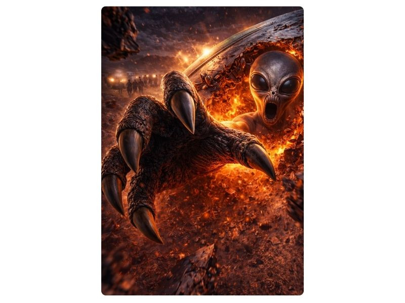 ufo crash alien breakout wall art with explosion and fire effects