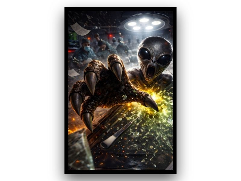alien containment breach lab scene wall art with shattered glass effects