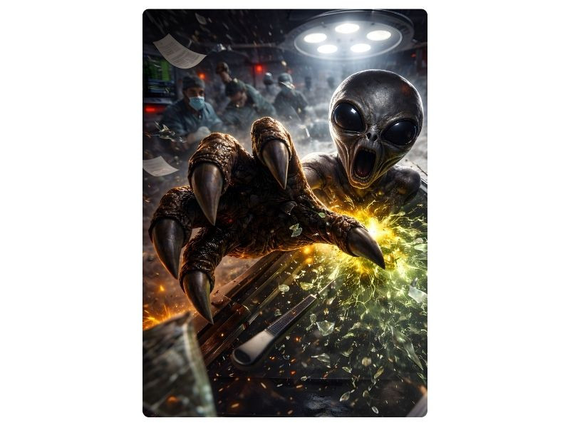 alien containment breach lab scene wall art with shattered glass effects