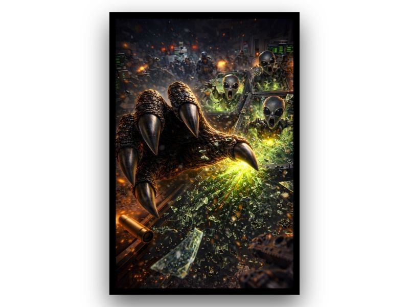 multiple alien breakout lab scene wall art with shattered glass effects