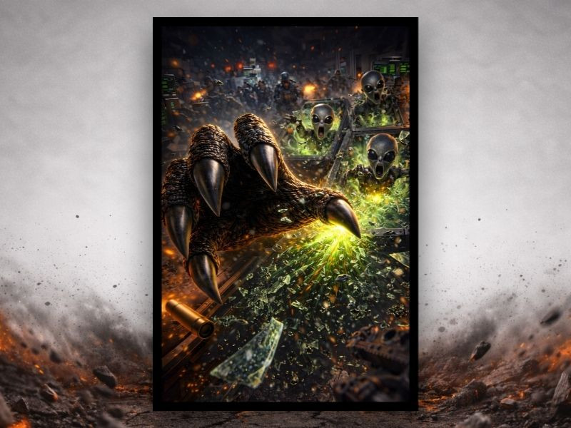 roswell alien containment breach 3d illusion canvas with lunging claw