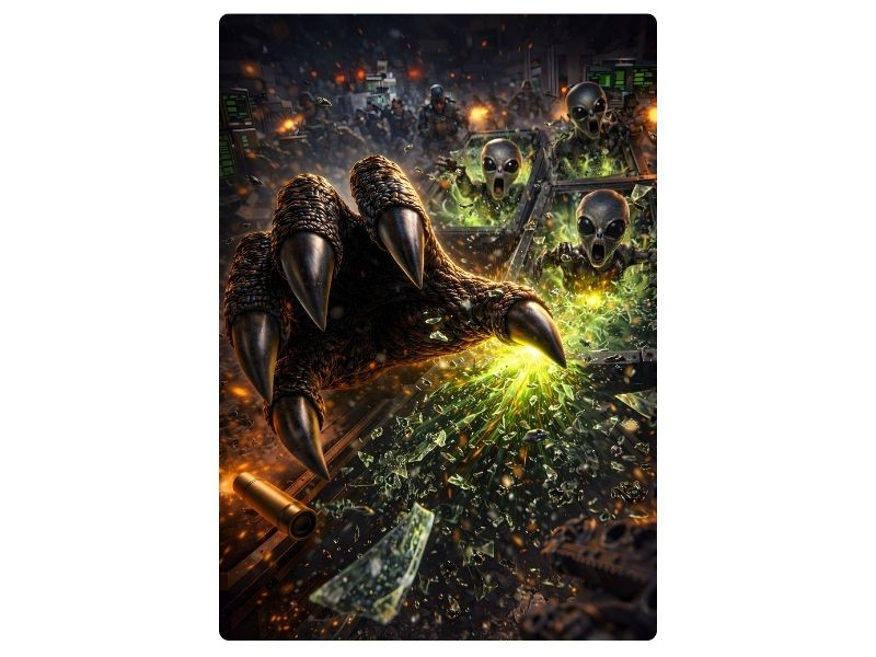 multiple alien breakout lab scene wall art with shattered glass effects