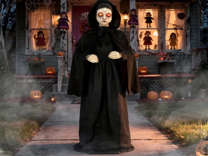 creepy hooded halloween doll prop with glowing red eyes and moving head animation