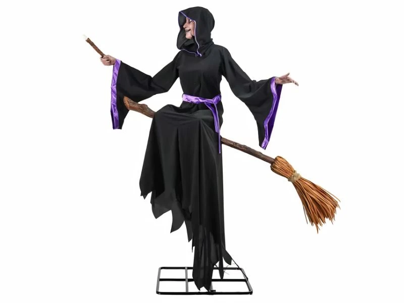 hovering broom witch halloween prop with purple robe