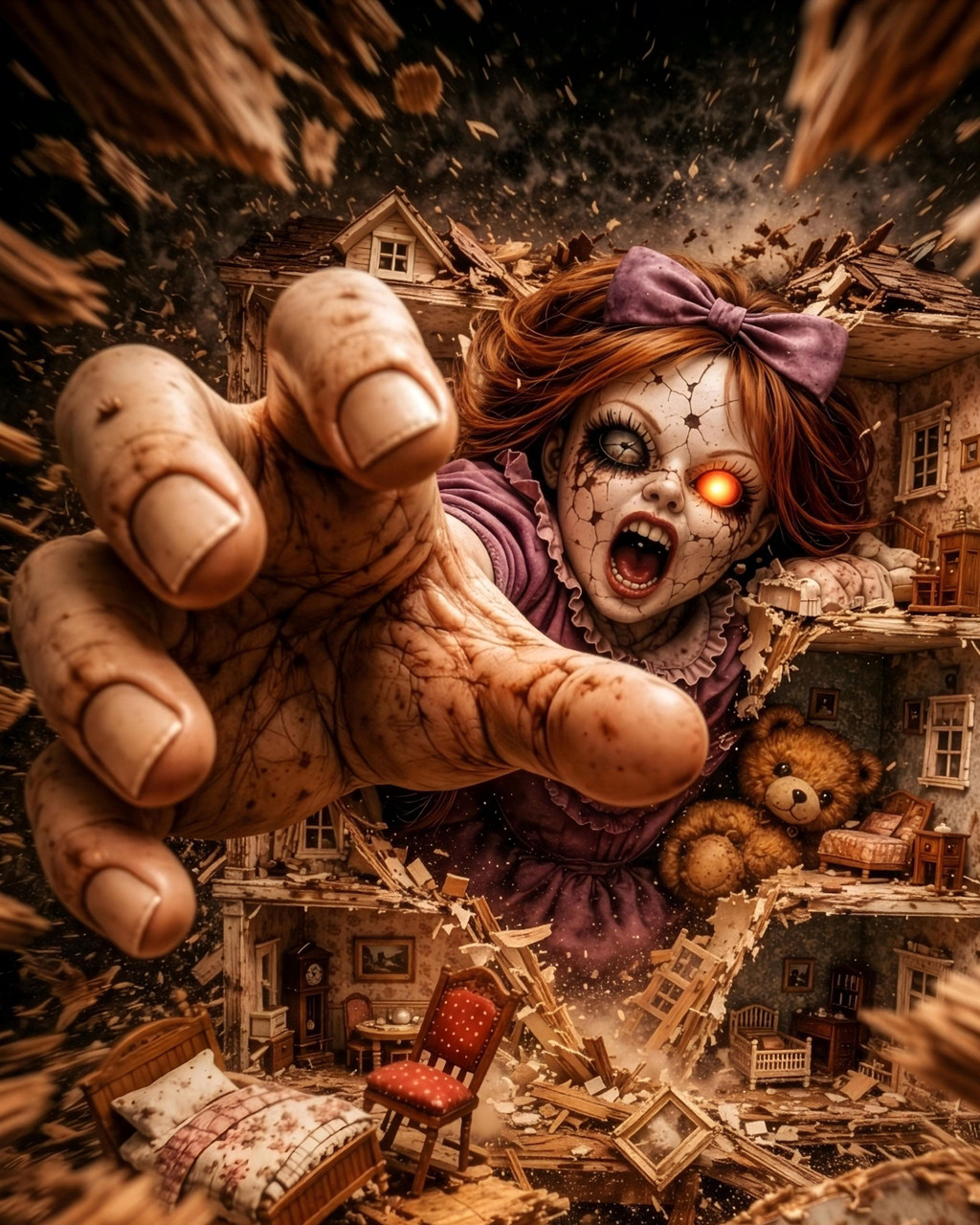 Creepy doll horror art print with haunting expression and vintage gothic atmosphere
