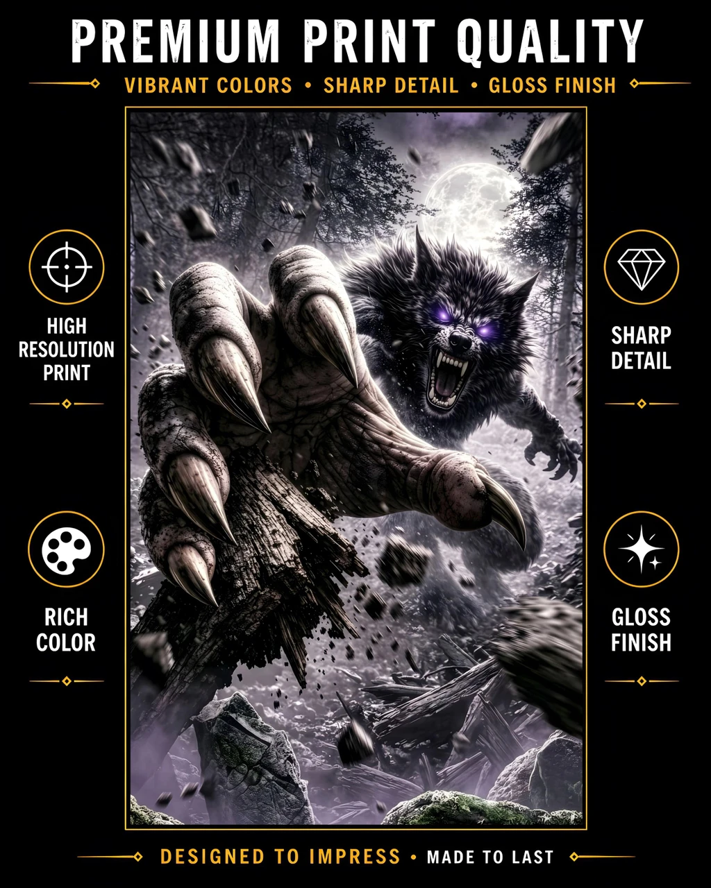 Framed gothic werewolf poster for Halloween decor and horror collections