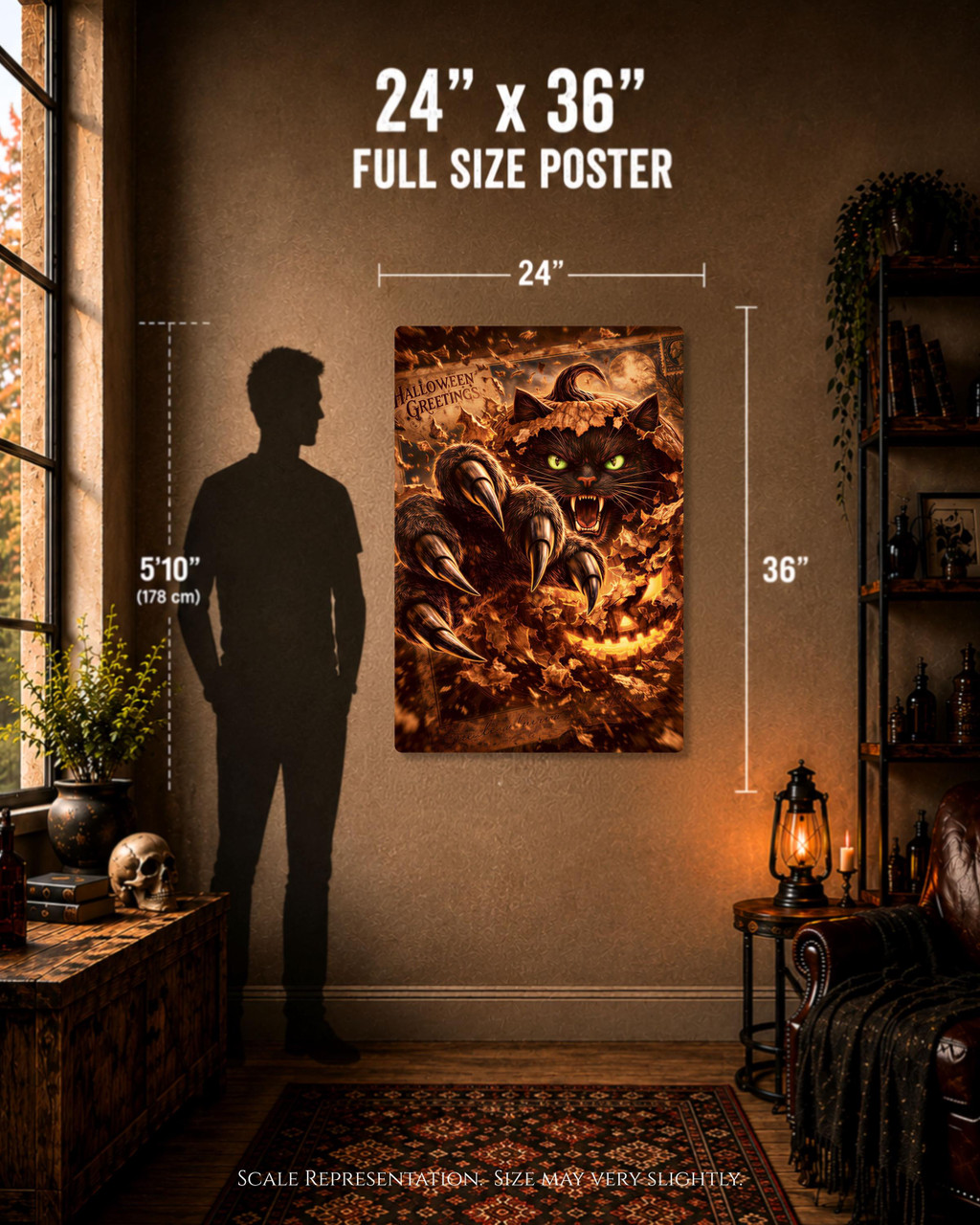 Black cat Halloween wall art displayed in seasonal fall home decor setting