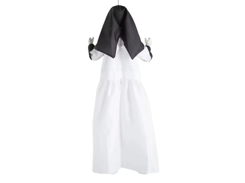 creepy evil nun halloween decoration with blood eyes
