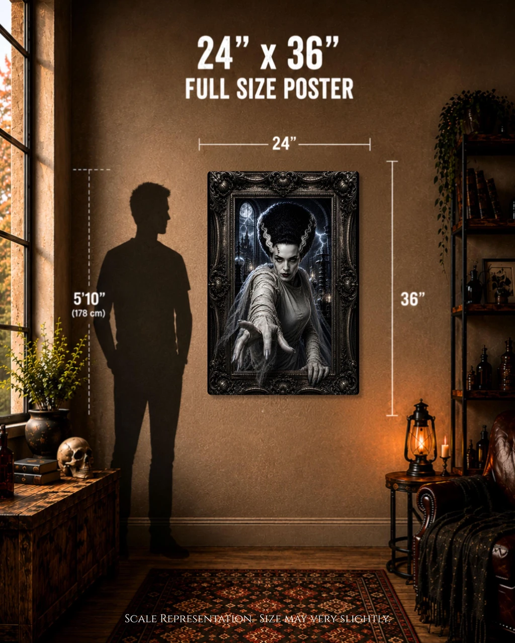 Gothic Bride of Frankenstein horror art print with lightning castle backdrop and vintage frame