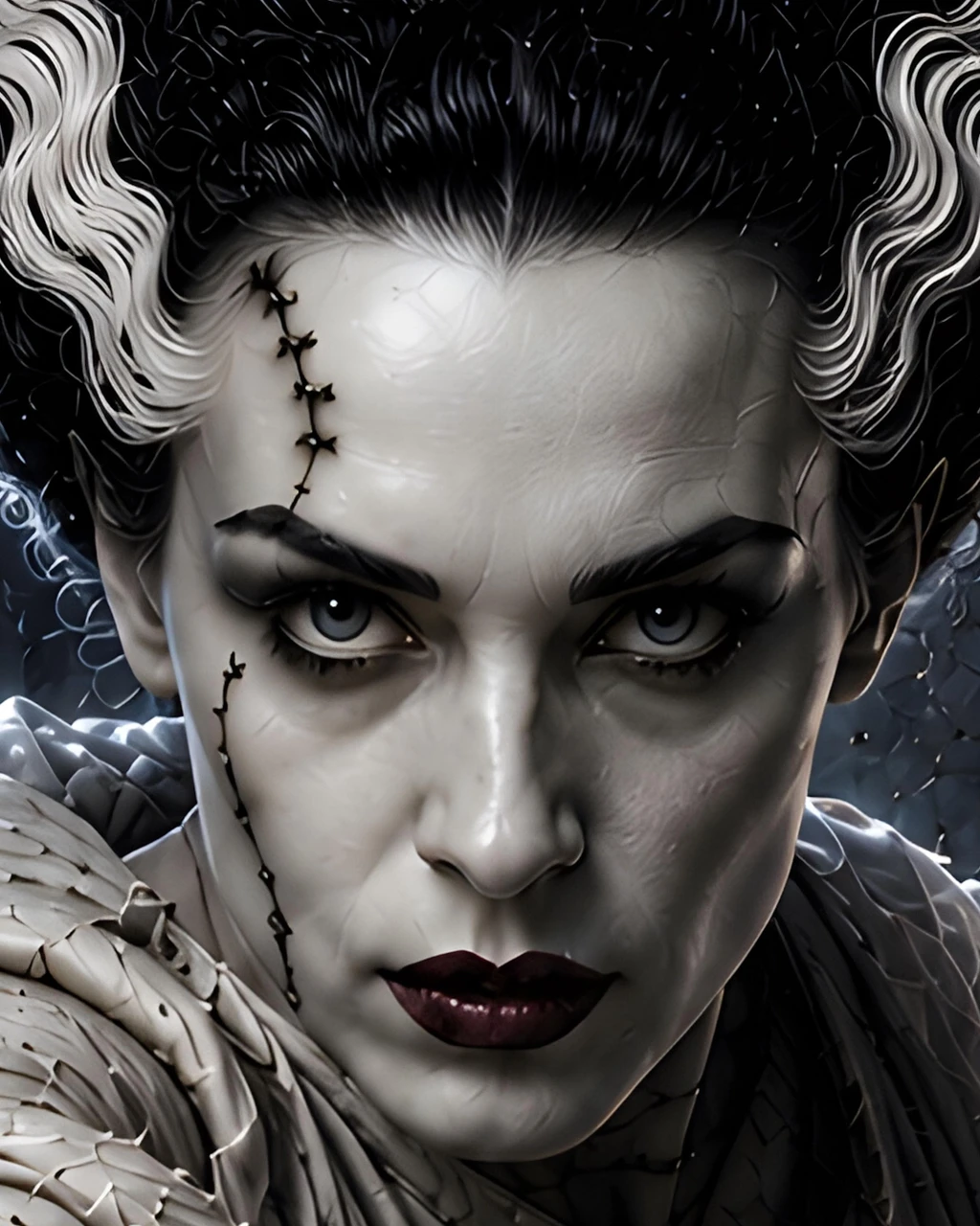 Dark fantasy horror poster of Bride of Frankenstein with outstretched hand and stormy night