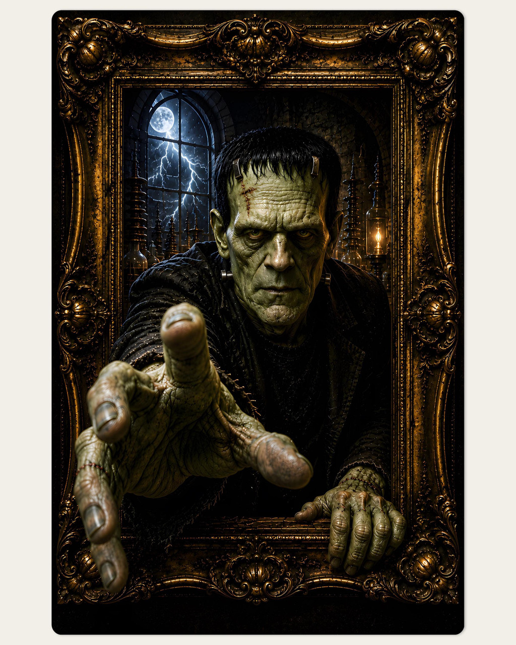 Classic monster wall decor inspired by Frankenstein laboratory scene