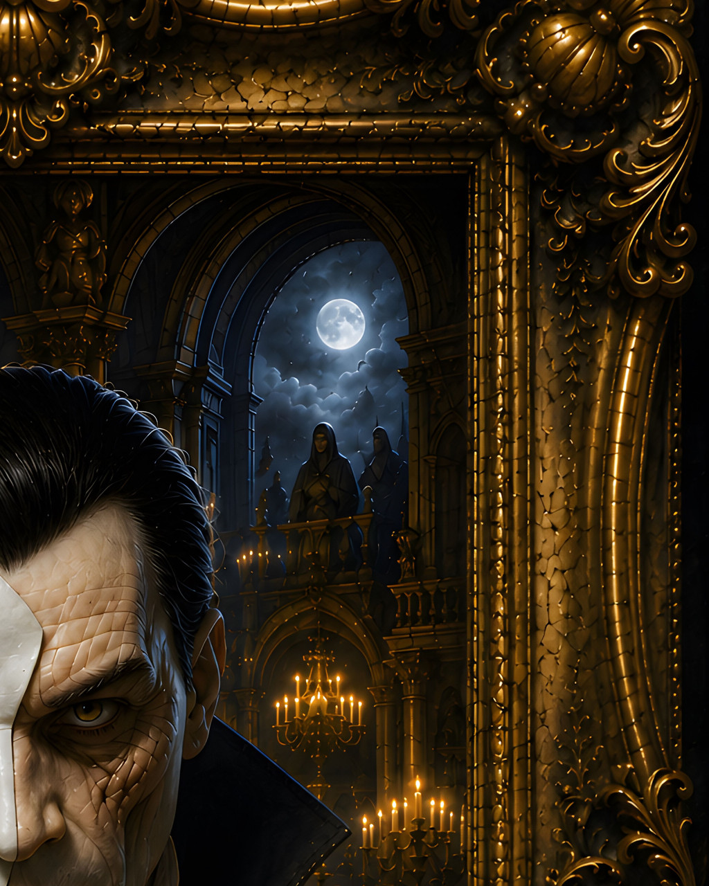Horror gallery wall artwork with ornate gold frame design
