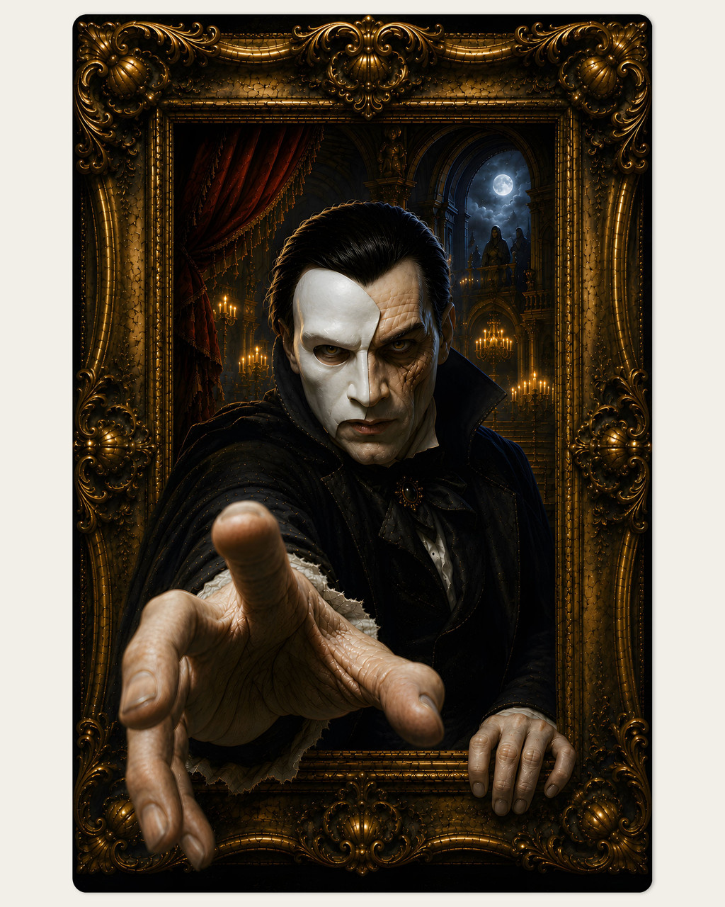 Dark fantasy Phantom portrait emerging from ornate frame