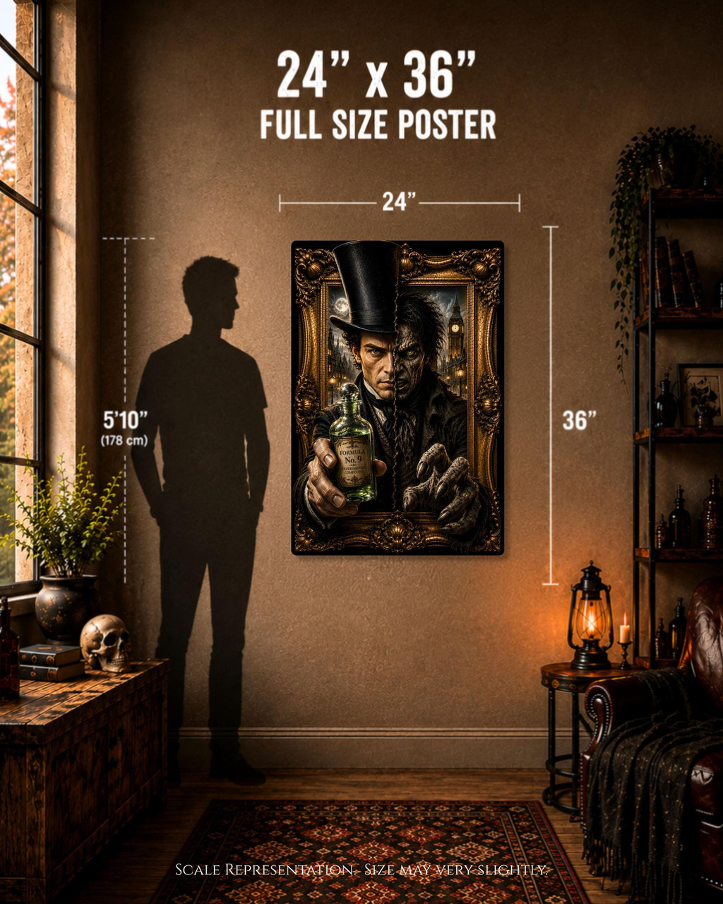 Gothic horror wall art featuring Dr Jekyll transforming into Mr Hyde