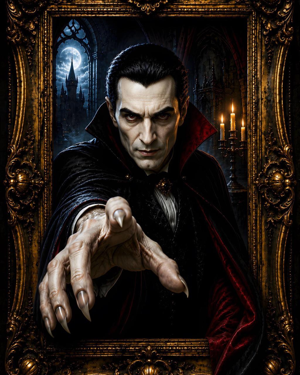Dracula haunted portrait reaching from ornate gold frame