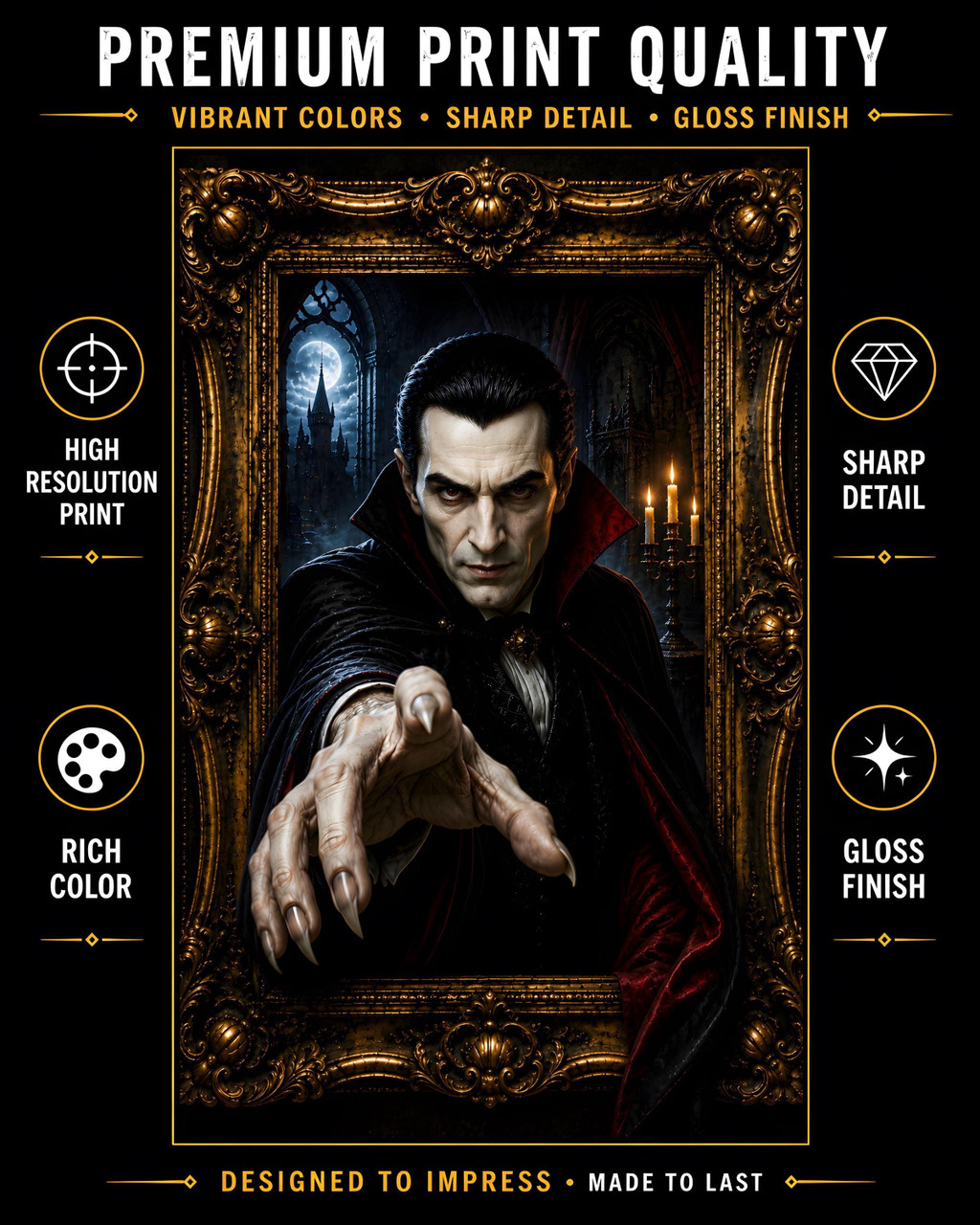 Vampire lord emerging from antique framed portrait