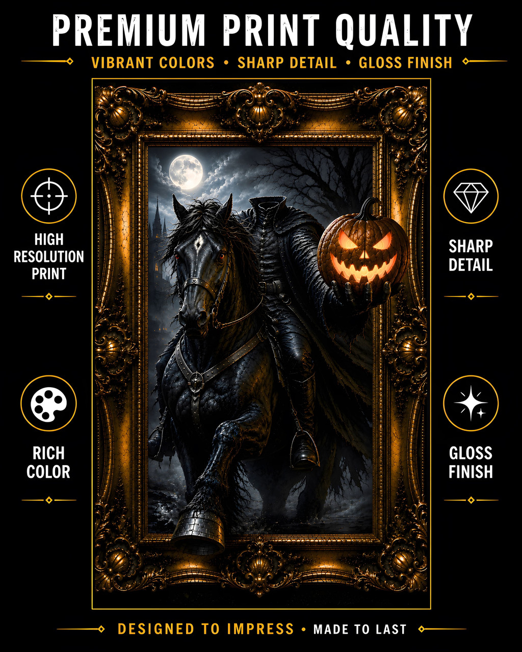 Dark fantasy Headless Horseman art print in ornate gold frame