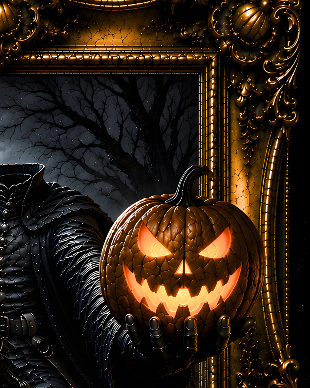 Horror portrait print featuring a glowing jack o lantern rider