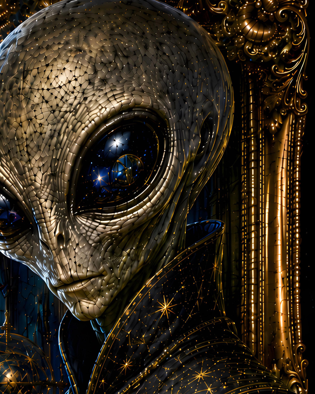 Extraterrestrial gothic art print with cosmic observatory and glowing Earth